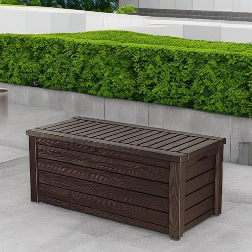 570-liter storage box, all-weather resin boat-shaped storage box, and stylish outdoor bench with piston-assisted lockable lid and side handles, dark coffee color version