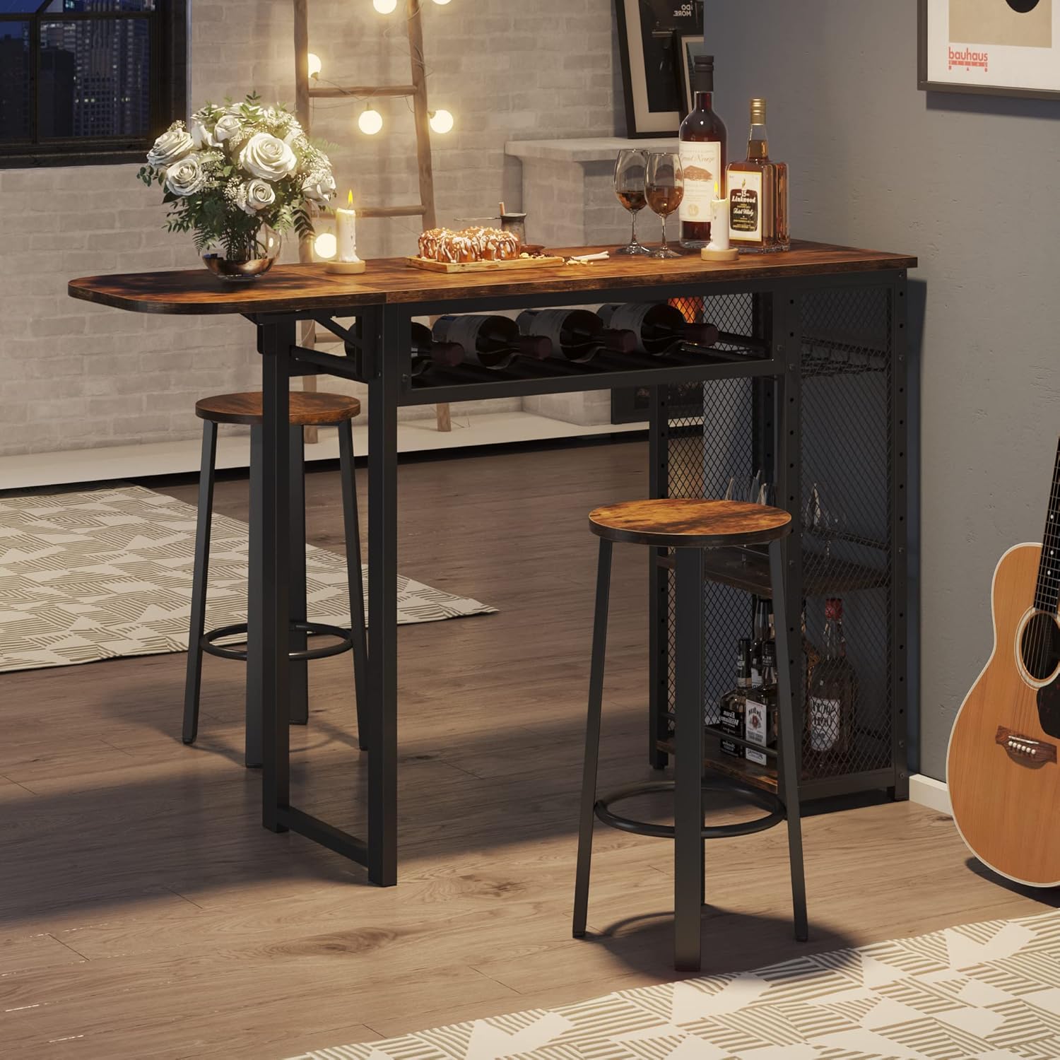 Bar Table and Chair Set, Industrial Expandable Dining Table with 2 Bar Stools, Kitchen Counter with Wine Rack & 3 Tier Adjustable Storage Shelves Rustic Brown