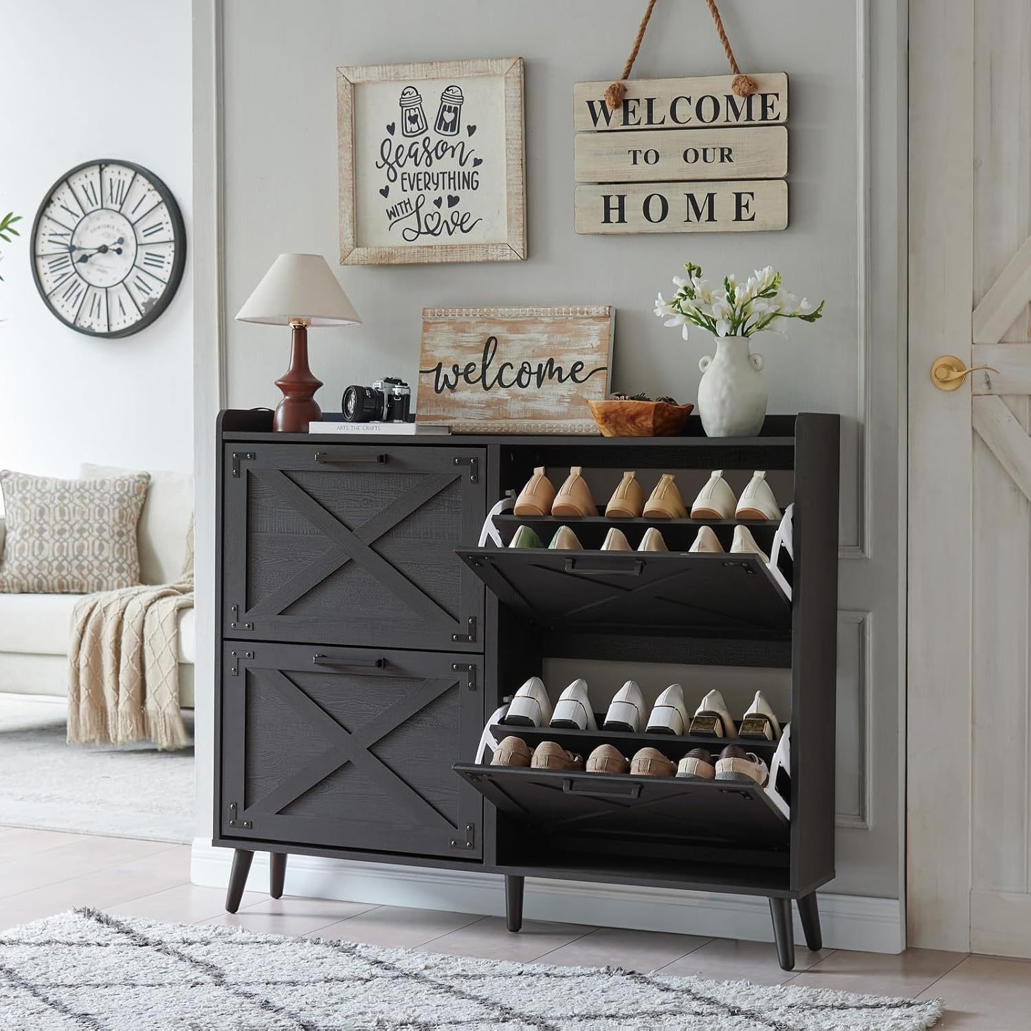Shoe Storage Cabinet,Farmhouse Shoe Organizer with 4 Flip Drawers & Barn Door Design,Freestanding Hidden Slim Narrow Shoe Rack Cabinet for Entryway,Foyer,Hallway,Walnut