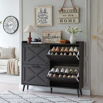 Shoe Storage Cabinet,Farmhouse Shoe Organizer with 4 Flip Drawers & Barn Door Design,Freestanding Hidden Slim Narrow Shoe Rack Cabinet for Entryway,Foyer,Hallway,Walnut
