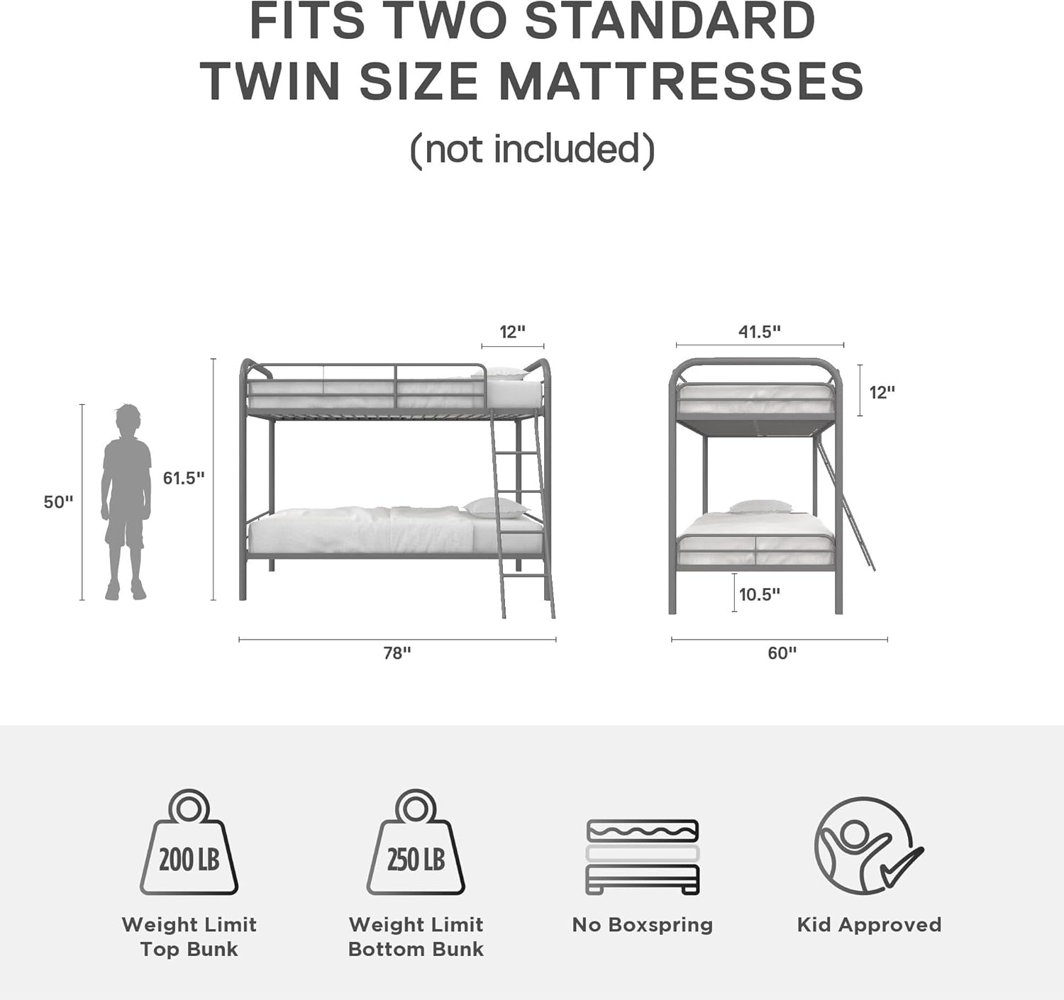 DHP Dusty Twin Over Full Metal Bunk Bed, Off White