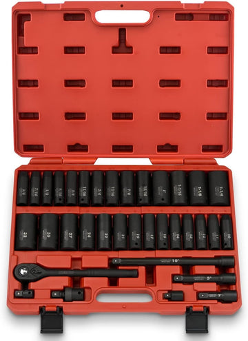 02448A 1/2" Drive Master Impact Socket Set, 65 Piece, Standard SAE (3/8"-1-1/4") & Metric (10-24 mm) Sizes, Deep & Shallow Kit, Includes Adapters & Ratchet Handle