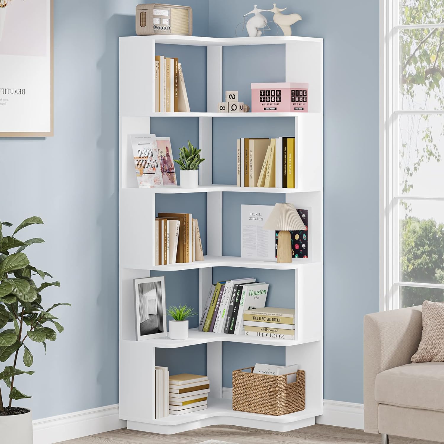 Tribesigns 6-Tier Corner Bookshelf, 64.9 Inch Tall Bookcase with Anti-Drop Panel, Modern Freestanding Corner Shelf Display Rack Storage Organizer for Home Office, Living Room, WhiteTribesigns 6-Tier Corner Bookshelf, 64.9 Inch Tall Bookcase with Anti