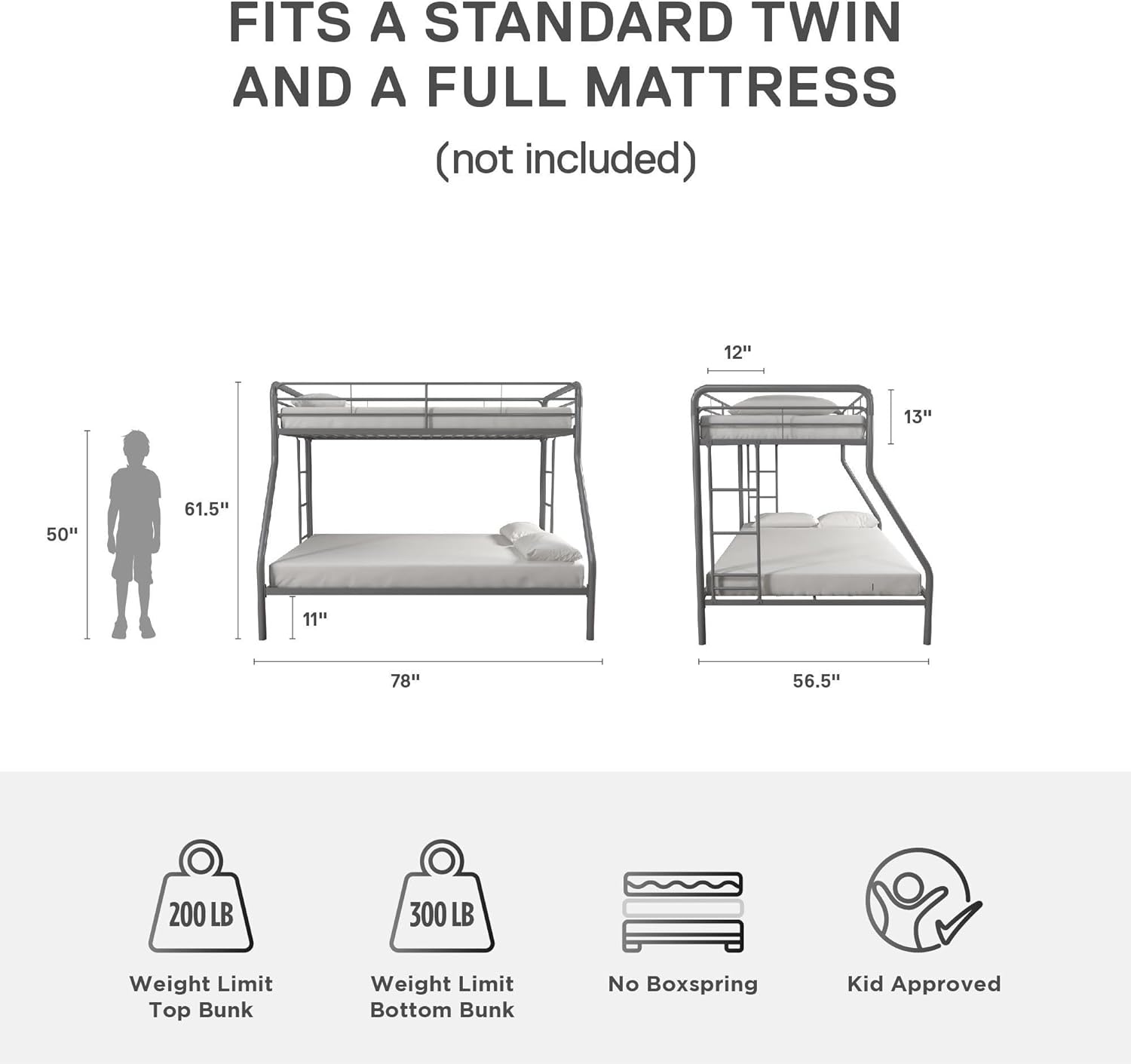 DHP Dusty Twin Over Full Metal Bunk Bed, Off White