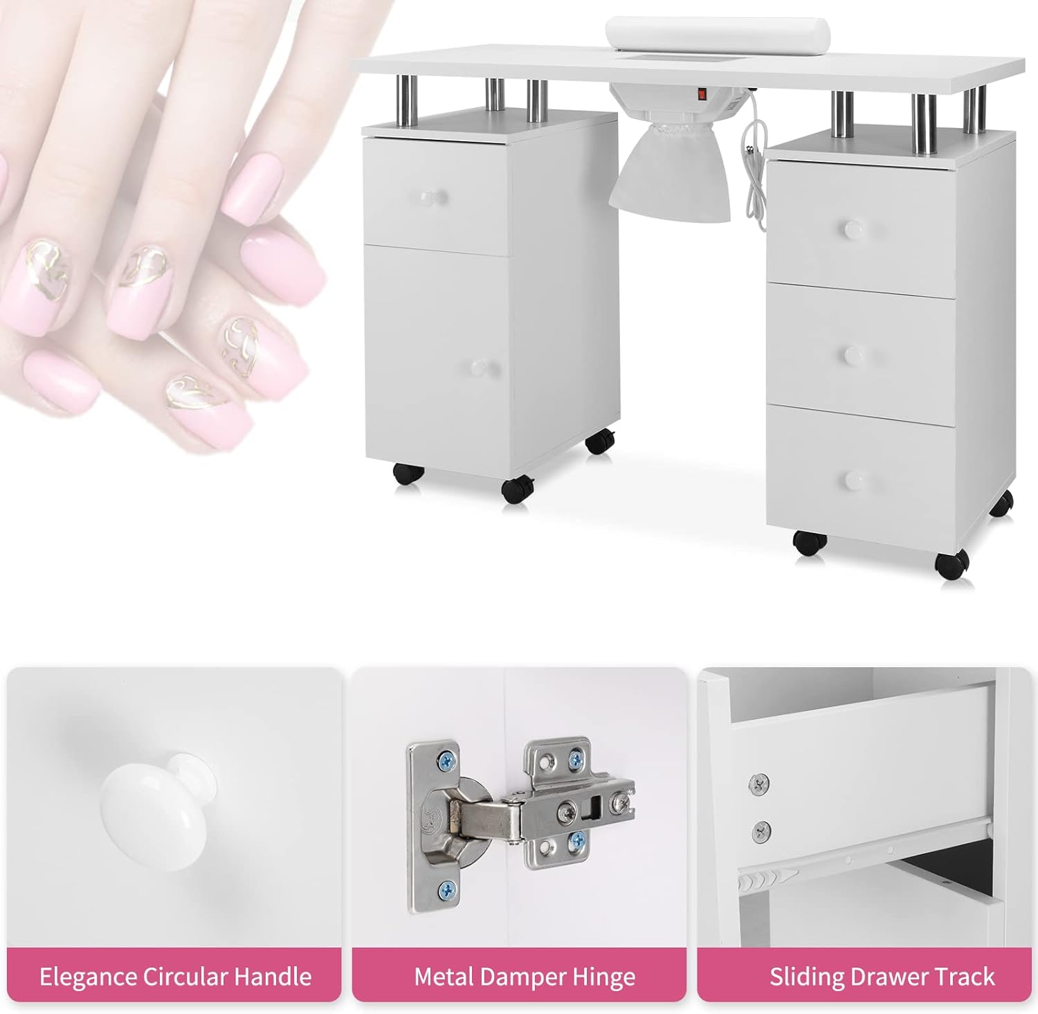Manicure Table Nail Desk for Nail Tech w/Electric Dust Collector & Wrist Rest, Acetone Resistant Top Beauty Salon Nail Supplies Decor Station w/Lockable Wheels, Cabinet, Drawer (White)