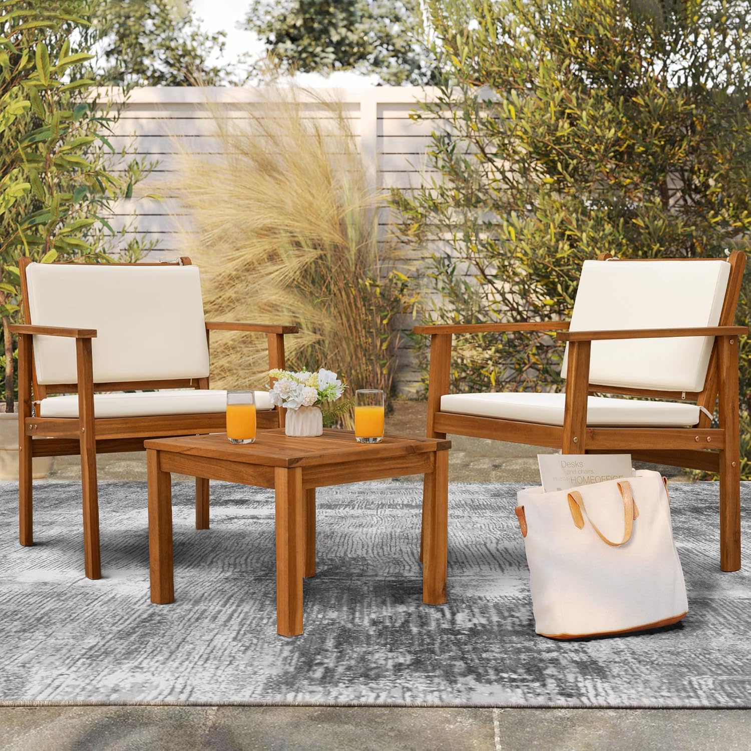 Patio Furniture 4 Piece Outdoor Acacia Wood Patio Conversation Sofa Set with Table & Cushions Porch Furniture for Deck, Balcony, Backyard