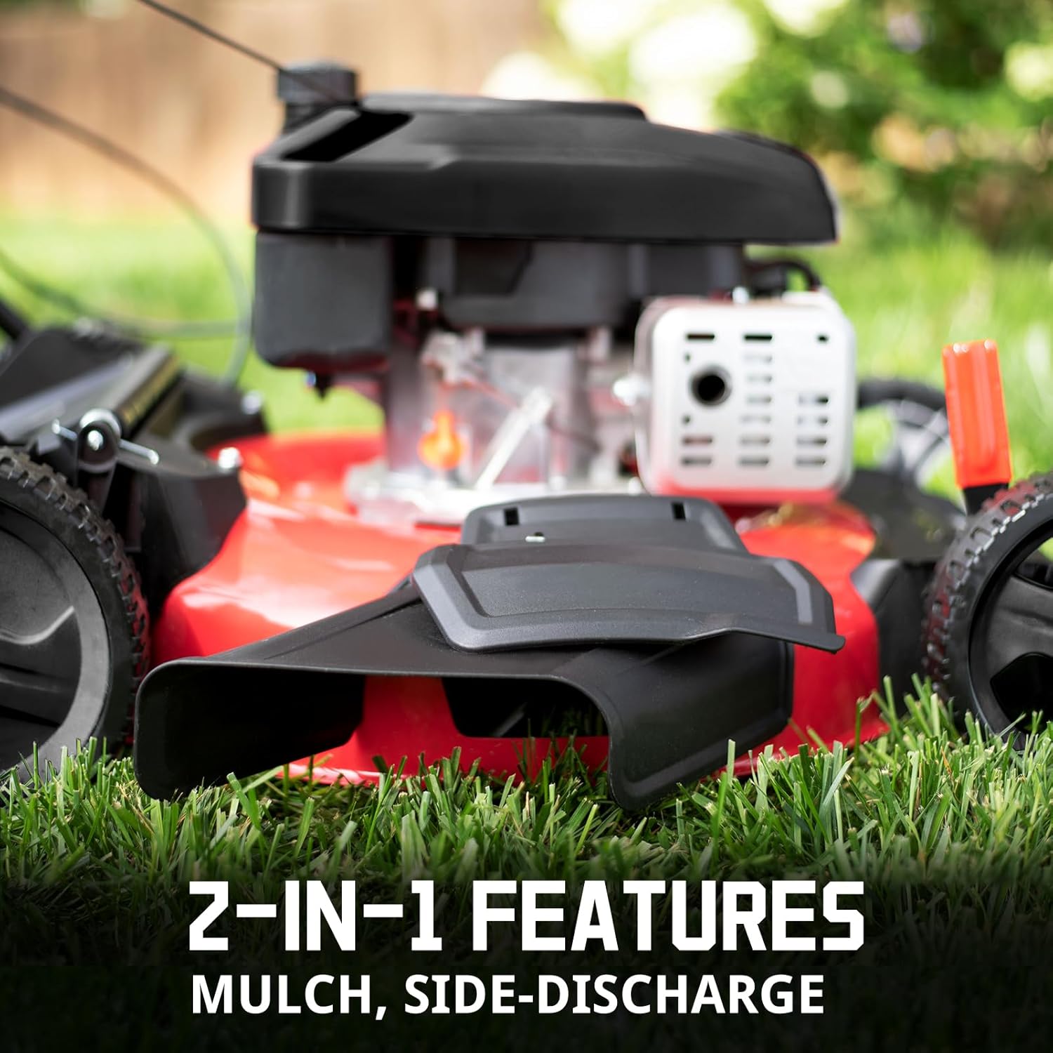 21-inch gas-powered lawn mower, equipped with a 144cc four-stroke all-terrain engine, featuring both crushing and side-discharge functions, with adjustable cutting height ranging from 6 positions.