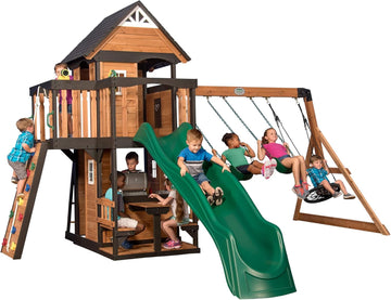 Gorge Creek Pure Pine Swing Set, Playhouse with Barbecue Grill, Plastic Utensils, Picnic Area, Steering Wheel, Double-Padded Swing, Rock Climbing Wall, Balcony, Terrace, Mesh Swing (Green Slide)