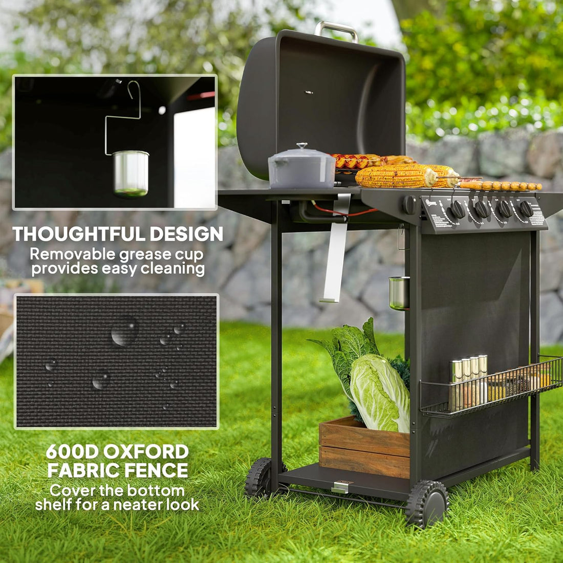 4+1 Burner Propane Gas BBQ Grill, Portable Gas Barbecue Grill with Side Burner, Thermometer, Lid, Side Table, Shelf, Spice Rack, Wheels, Grease Cup for Garden, Black