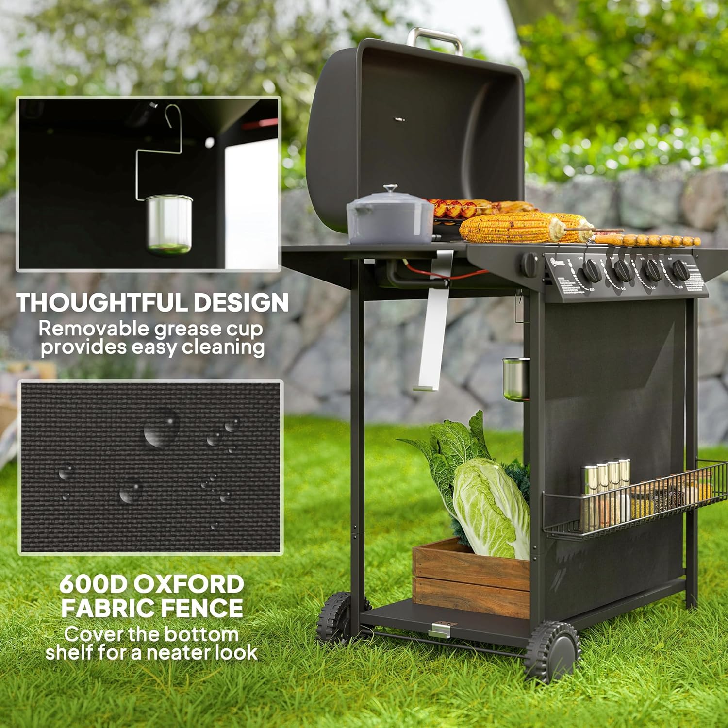 4+1 Burner Propane Gas BBQ Grill, Portable Gas Barbecue Grill with Side Burner, Thermometer, Lid, Side Table, Shelf, Spice Rack, Wheels, Grease Cup for Garden, Black