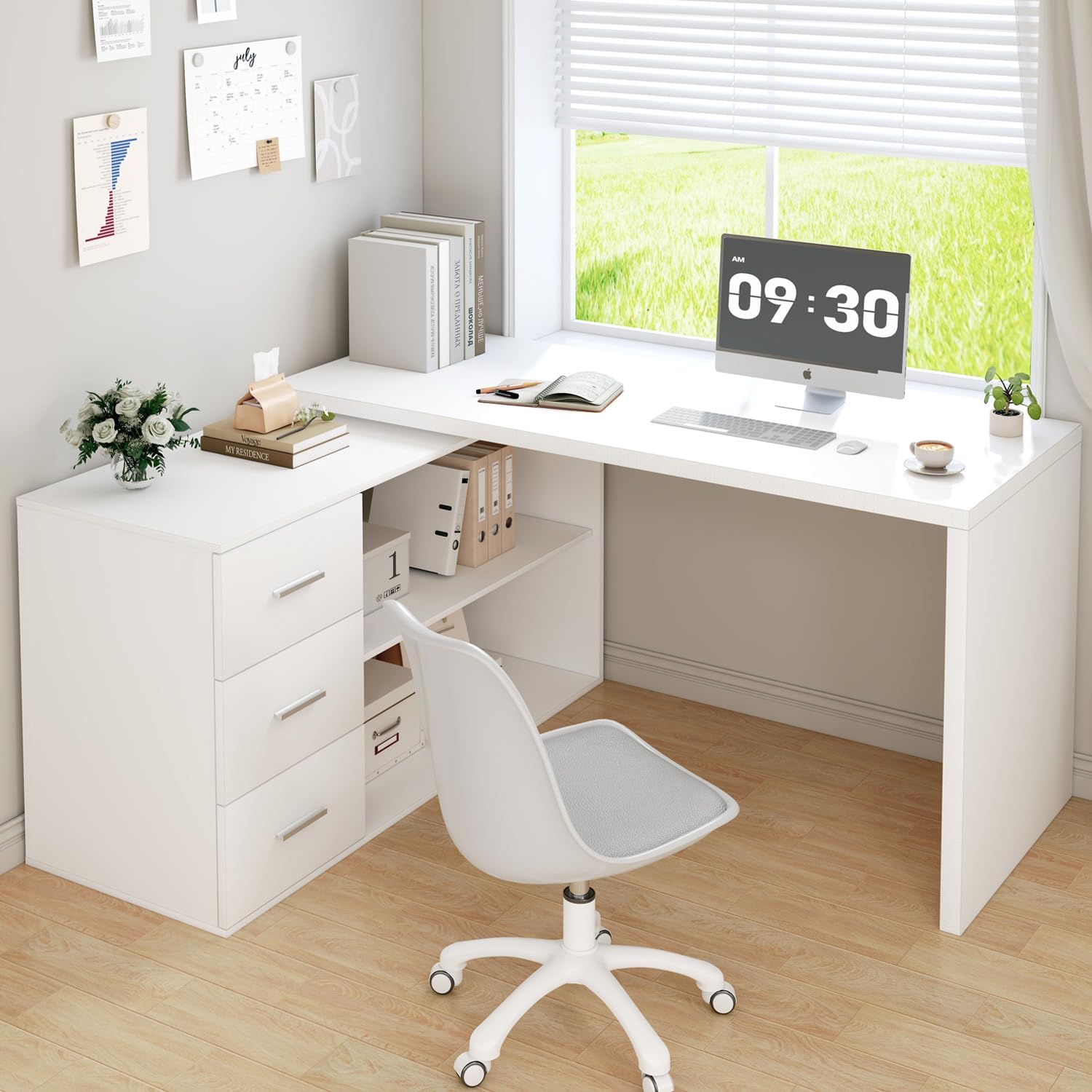 L Shaped Desk with Drawers Shelves, Corner Home Office Desk with Storage Cabinet, Large Wood Computer Desk for PC Executive Work Writing Study, Modern Living Room Bedroom Table,White Oak,60 in