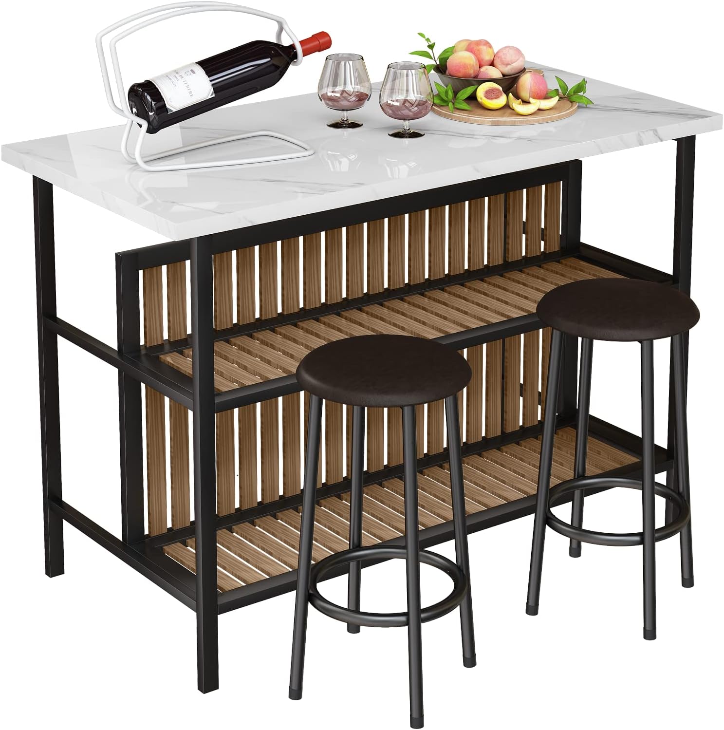 Kitchen Island with Seating & Storage Shelf, Faux Marble Island Table for Kitchen, Modern Bar Table and Chairs Set for 2,Dining Table Set for Small Space,White